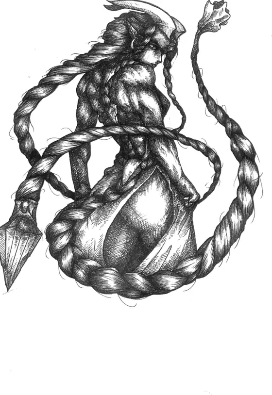 Retrato a plumilla de una demonio con cuernos y trenzas muy largas