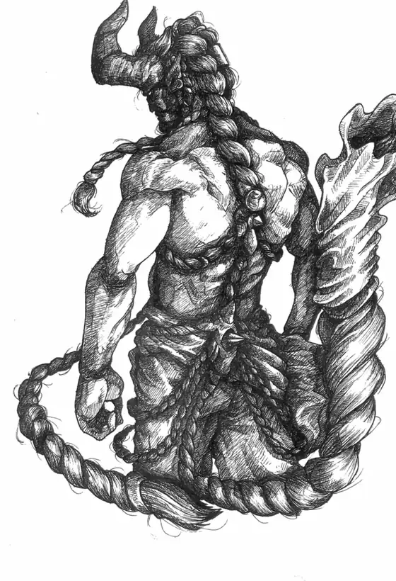 Retrato a plumilla de un demonio con cuernos y trenzas