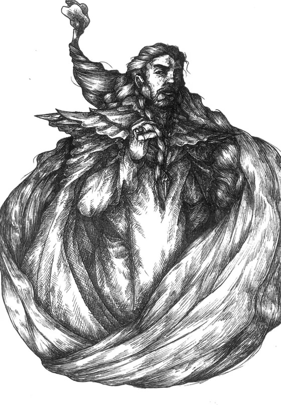 Retrato a plumilla de un humano barbado con capa