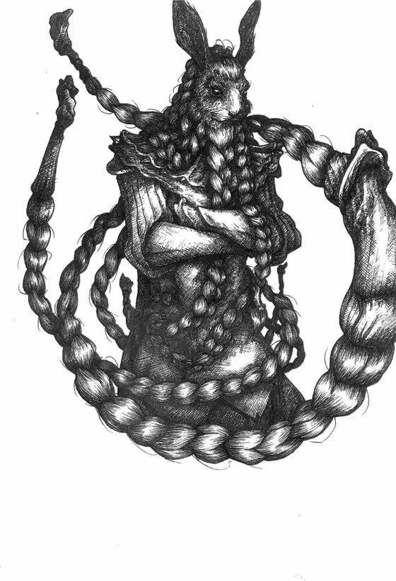 Retrato a plumilla de un larkin con trenzas y brazos cruzados