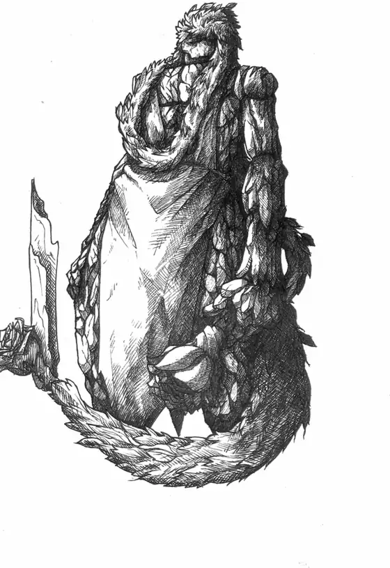 Retrato a plumilla de una titán cubierta de hojas y musgo