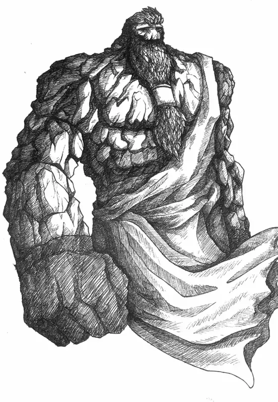 Retrato a plumilla de un titán de piel de roca agrietada
